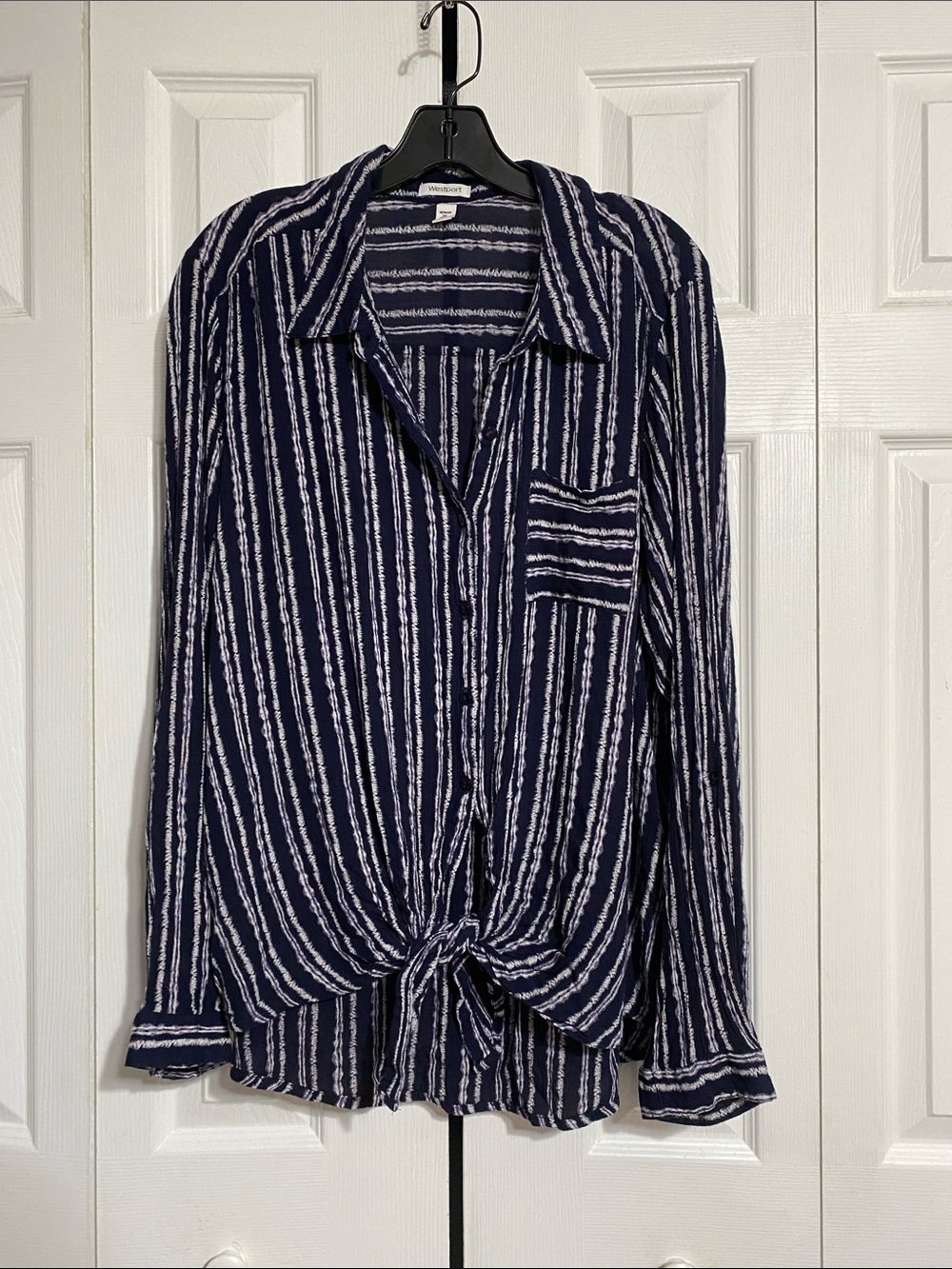 Westport Navy and White Striped Button-Down Tie Front Shirt